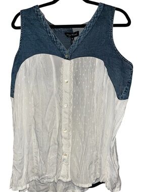 Young Threads XL Denim Yoke White Lace-Front Sleeveless Tank